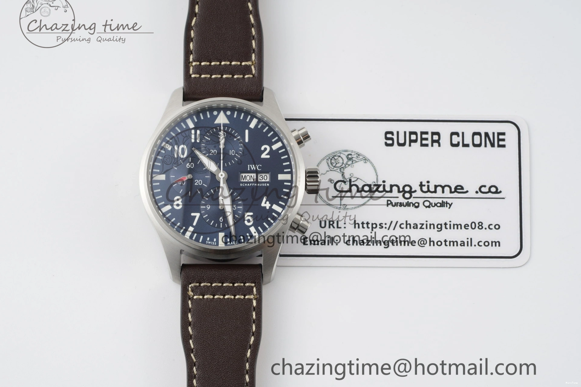 MIROTIME 0423 Pilot Chrono SS AZF 1:1 Best Edition Blue Dial on Brown Leather Strap A TimelessDesign 7060